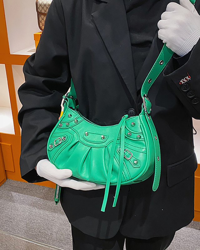 Women's Pleated Crescent 2 Piece Shoulder Bag Women's Retro Rivets Bag