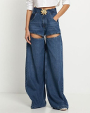 Hot Sale Wide Leg Hollow Out Autumn New Twist Knot Jean Pants Blue S-XL
