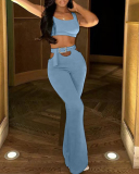 Women Summer Sleeveless Solid Color Knit Fashion Pants Sets Two Pieces Outfit Blue S-XL