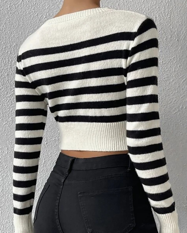 Black White Stripe Short Sweater Tops S-L