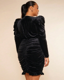 Black Plus Size Women French Sexy Long Sleeve Velvet Bodycon Dress XL-3XL
