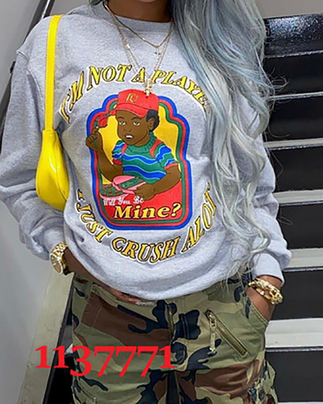 Long Sleeve Grey Printed Women Sweatshirts S-XL