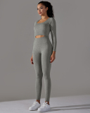 Women Seamless Knit Long Sleeve Fitness Breathable Running Yoga Pants Sets Yoga Two-piece Sets S-L