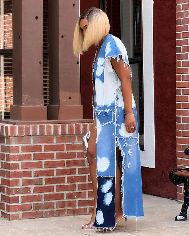 Sleeveless Women Jean Blue Fashion Long Coats S-L