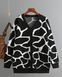 Jacquard Sweater V-neck Long Pattern Loose Jacket Cardigans