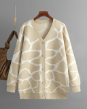 Jacquard Sweater V-neck Long Pattern Loose Jacket Cardigans