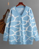 Jacquard Sweater V-neck Long Pattern Loose Jacket Cardigans