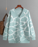 Jacquard Sweater V-neck Long Pattern Loose Jacket Cardigans