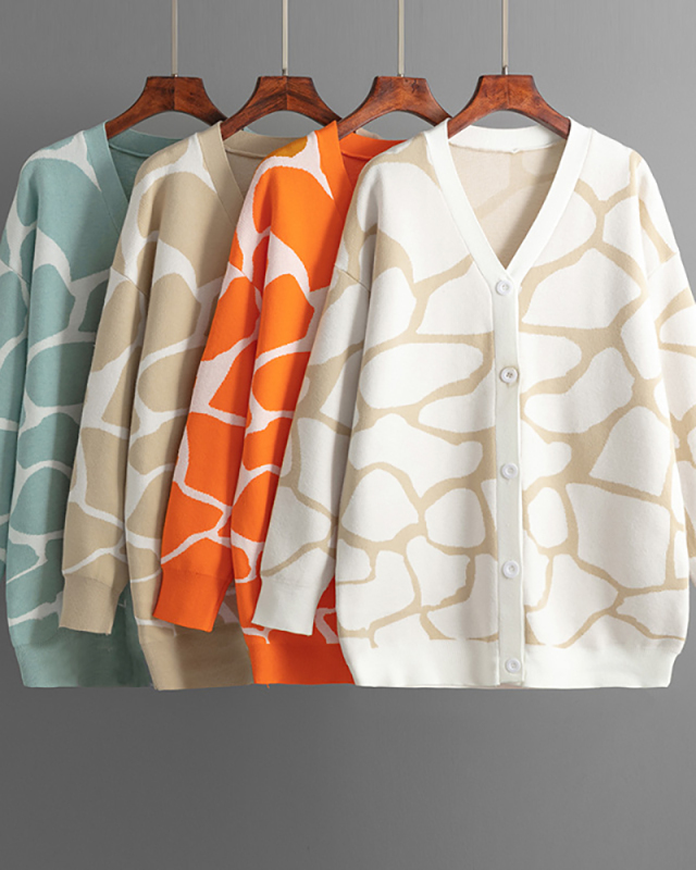 Jacquard Sweater V-neck Long Pattern Loose Jacket Cardigans