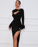 Long Sleeve Red Black Hollow Out Dress S-XL