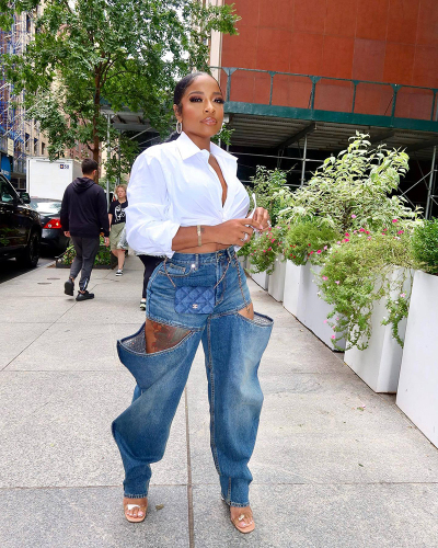 Hollow Out Jean Blue Elastic Women Pants S-XXL
