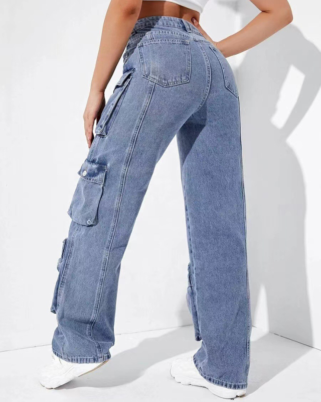 Y2K Style Jean Blue Wholesale Pockets High Waist Pants S-2XL
