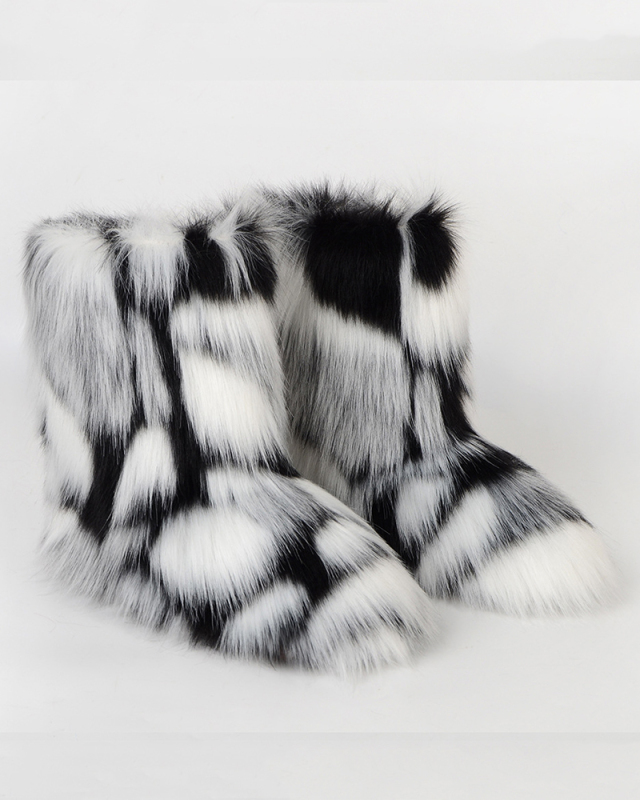 Faux Fox Raccoon Fur Boots for Women Fuzzy Fluffy Furry Round Toe Suede Winter Comfy Plush Warm Short Snow Bootie Flat Shoes Mid-Calf Boots Outdoor Indoor