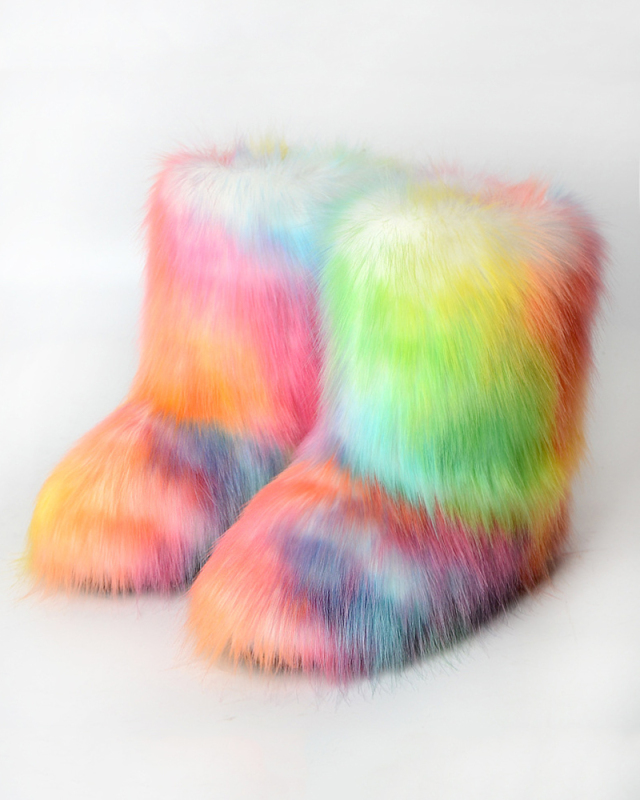 Faux Fox Raccoon Fur Boots for Women Fuzzy Fluffy Furry Round Toe Suede Winter Comfy Plush Warm Short Snow Bootie Flat Shoes Mid-Calf Boots Outdoor Indoor