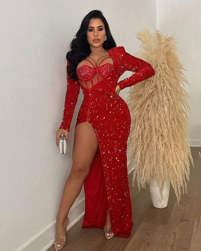 Fashion Lace Sequin High Slit Long Sleeve Sexy Party Evening Dress Black Green Red Blue S-2XL