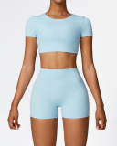 Women Short Sleeve Solid Color Yoga Two-piece Shorts Set S-XL