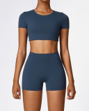 Women Short Sleeve Solid Color Yoga Two-piece Shorts Set S-XL