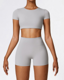 Women Short Sleeve Solid Color Yoga Two-piece Shorts Set S-XL