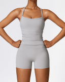 Women Solid Color Cirss Back Strap Vest High Waist Sports Shorts Two Piece Active Wear S-XL