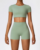 Women Short Sleeve Solid Color Yoga Two-piece Shorts Set S-XL