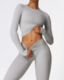 Women Long Sleeve Solid Color Sports Top High Waist Pants Yoga Two-piece Sets S-XL