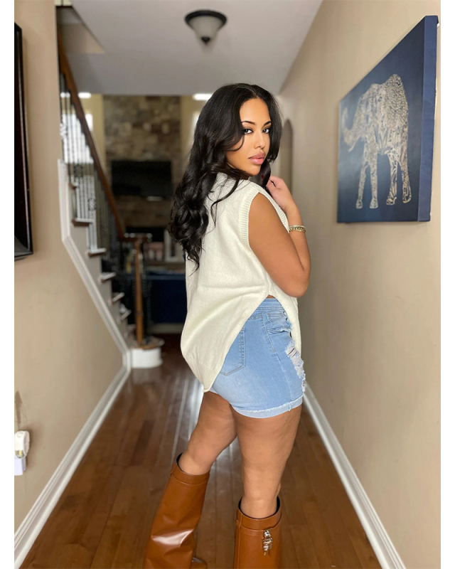 Sleeveless White Cut Fashion Vest S--XXL