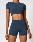 Women Short Sleeve Solid Color Yoga Two-piece Shorts Set S-XL