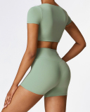 Women Short Sleeve Solid Color Yoga Two-piece Shorts Set S-XL
