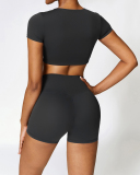 Women Short Sleeve Solid Color Yoga Two-piece Shorts Set S-XL