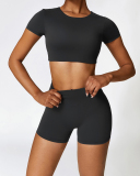 Women Short Sleeve Solid Color Yoga Two-piece Shorts Set S-XL