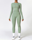 Women Long Sleeve Solid Color Sports Top High Waist Pants Yoga Two-piece Sets S-XL