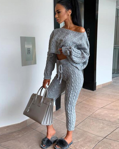 Popular Long Sleeve Knit Women Sweater Pants Sets S-3XL