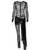 Sexy New Fashion Hollow Out Long Sleeve Colorblock Jumpsuit Black White S-L