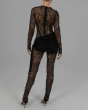 Sexy New Fashion Hollow Out Long Sleeve Colorblock Jumpsuit Black White S-L