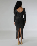 Square Neck Long Sleeve Long Casual Dress S-XXL