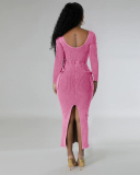 Square Neck Long Sleeve Long Casual Dress S-XXL