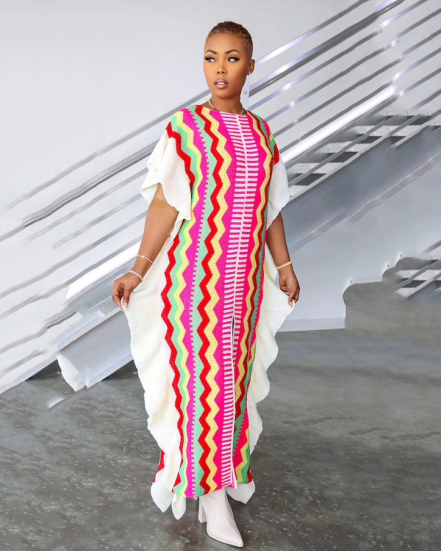 Popular Striped Half Sleeve Ruffle Side Slit Knit Sweater Dresses Pink Blue Yellow Rosy Green S-2XL