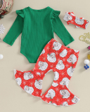 Christmas New Baby Girl's Pit Strip Flying Sleeve Bodysuit Printed Bell Bottoms Three-Piece Set Red Wine Red Green 60-90cm