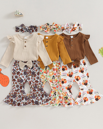 Girls Knit Turkey Printed Flared Pants Thanksgiving Pajamas Coffee Apricot Orange 60cm-90cm