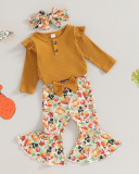 Girls Knit Turkey Printed Flared Pants Thanksgiving Pajamas Coffee Apricot Orange 60cm-90cm