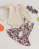 Girls Knit Turkey Printed Flared Pants Thanksgiving Pajamas Coffee Apricot Orange 60cm-90cm