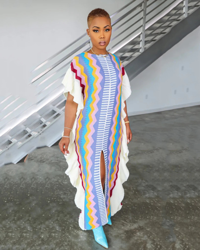 Popular Striped Half Sleeve Ruffle Side Slit Knit Sweater Dresses Pink Blue Yellow Rosy Green S-2XL