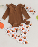 Girls Knit Turkey Printed Flared Pants Thanksgiving Pajamas Coffee Apricot Orange 60cm-90cm
