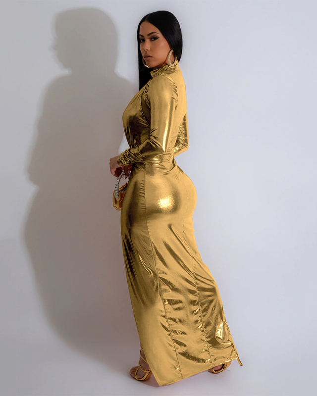 Women Long Sleeve Sequin High Side Slit Evening Dress Black Orange Gold Silver S-2XL