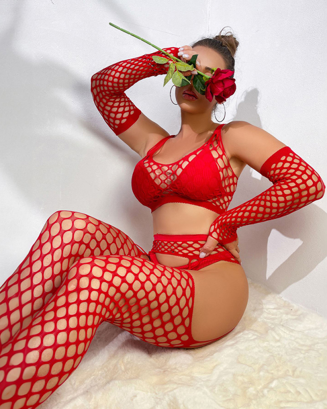 Xmas Women Fishnet Three Piece Set Bodystockings Red Black One Size