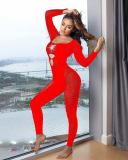 Slim Rhinestone Leopard Mesh Sexy Long Sleeve Body Stockings Black Red Rosy Green One Size