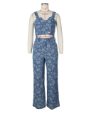 Fashion Sleeveless V Neck Crop Top Wide legs Denim Jacquard Lassie Pants Sets S-2XL