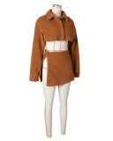 Women Fall Winter Long Sleeve Lamb Wool Two-piece Skirt Sets Brown White Pink Black S-2XL
