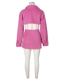 Women Fall Winter Long Sleeve Lamb Wool Two-piece Skirt Sets Brown White Pink Black S-2XL