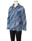 Newest Tassels Long Sleeve Lapel Jean Shirt Coat Black Blue S-2XL